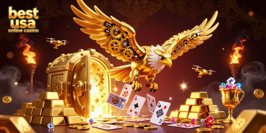 Experience the thrill at the best usa online casino with a golden eagle soaring over holographic cards.