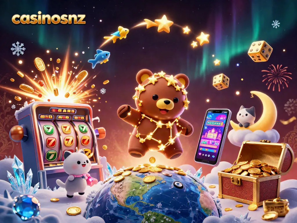 Play exciting slots with casinosnz featuring a constellation bear and sparkling animations.