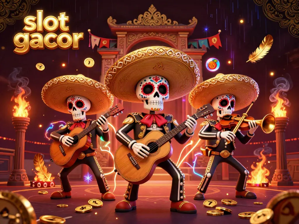 Celebrate winning with slot gacor in a lively mariachi scene featuring colorful characters and iconic symbols.
