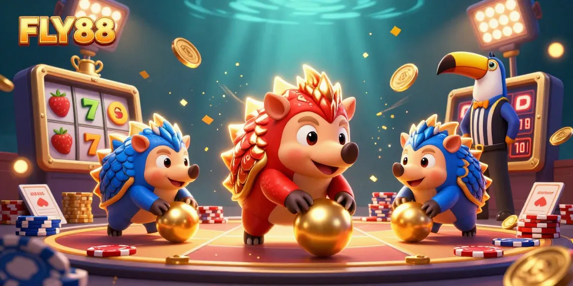 FLY88 ignites excitement as rival pangolins roll jackpot symbols through dynamic slots scene.