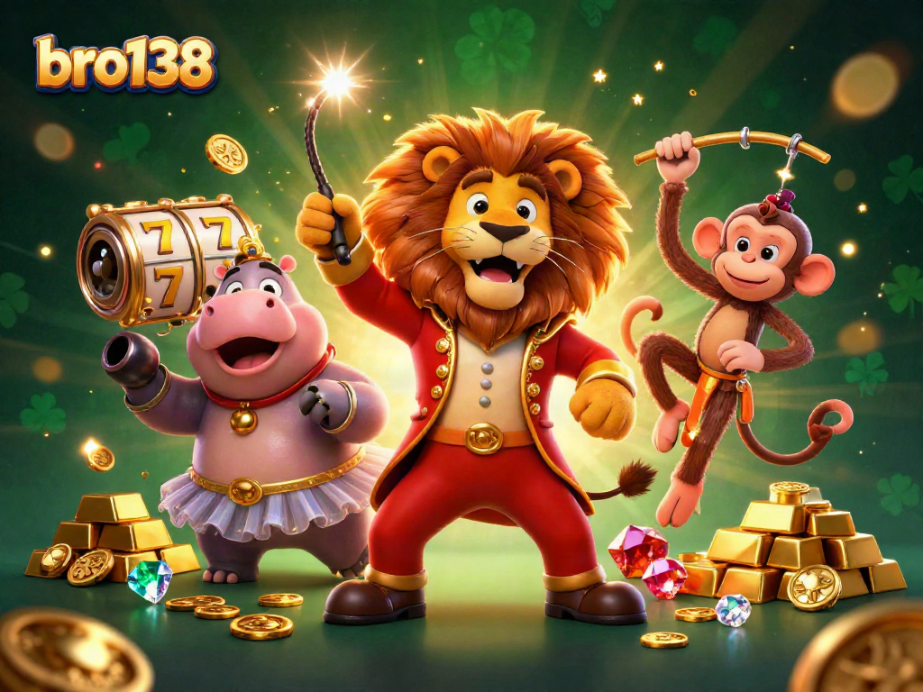 Experience excitement at bro138 with lively casino characters and vibrant gold elements!