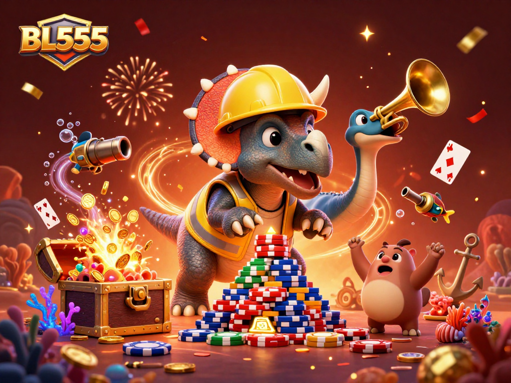 Experience excitement at BL555 with a dynamic 3D illustration of playful dinosaurs celebrating casino wins.
