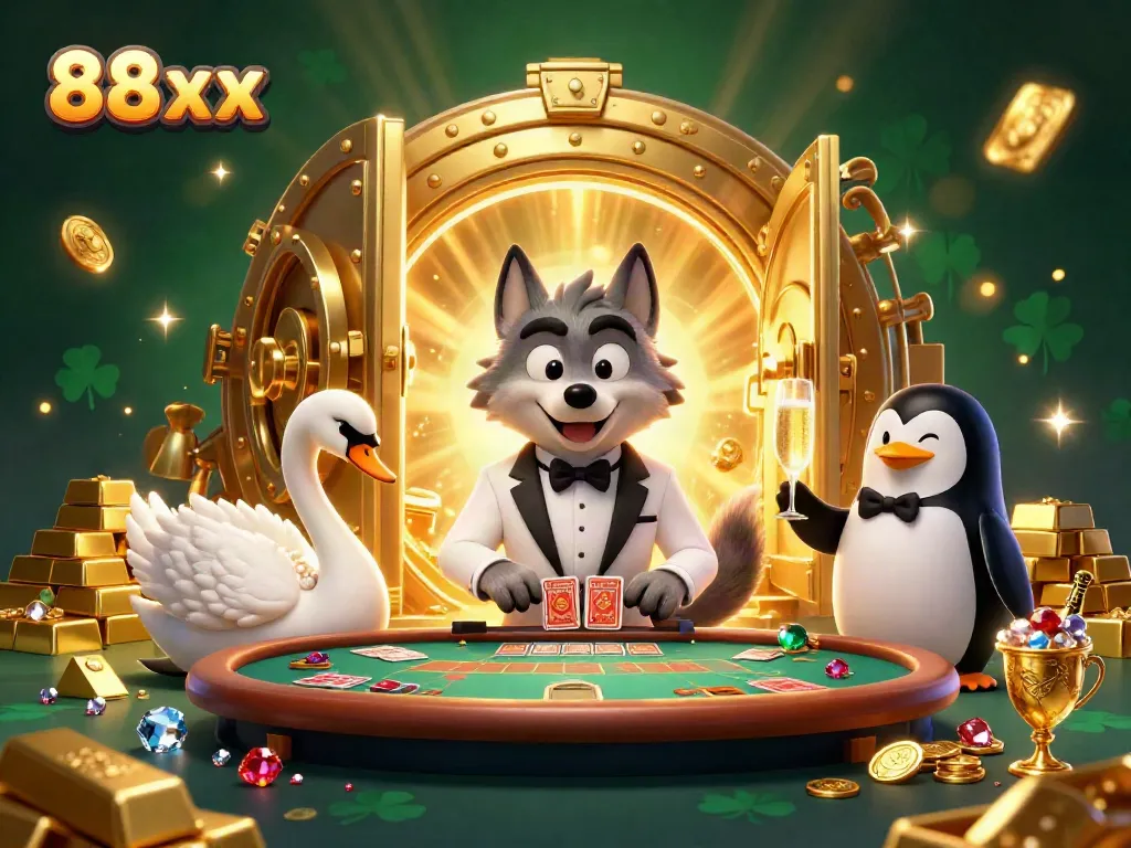 Experience thrilling 88xx gameplay with royal characters at a baccarat table, sparkling treasures abound.