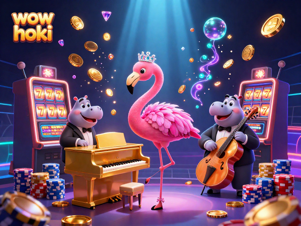 Mainkan wow hoki dengan simbol buah dan jackpot pada mesin slot yang berkilau.