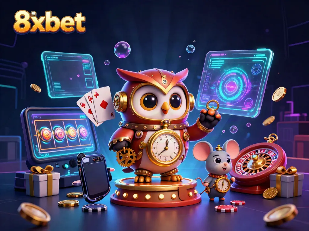 Experience the thrills of 8xbet with a vibrant 3D cartoon illustration showcasing unique casino elements.