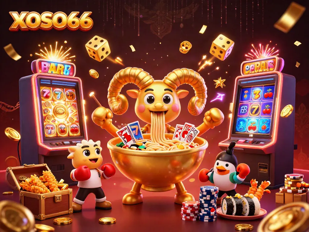 XOSO66 showcases a cartoon-style casino scene with a giant ramen bowl dealer and exciting jackpots.