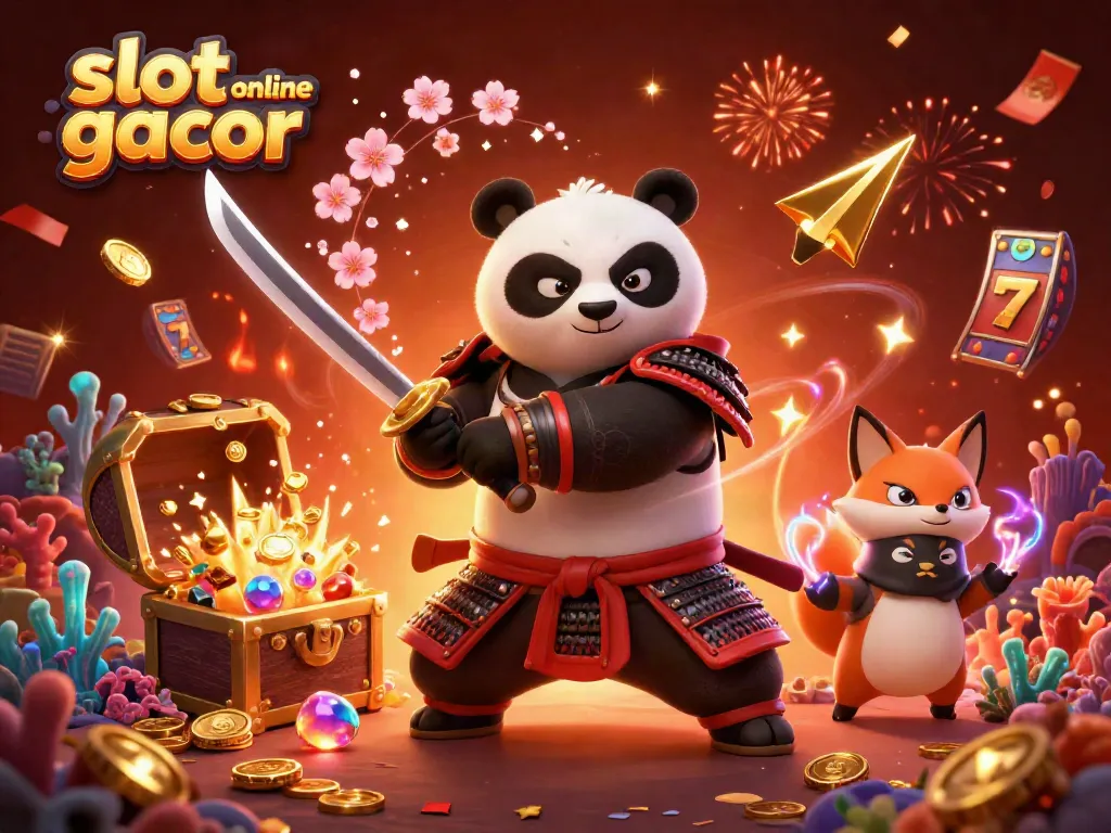 Experience the thrill of slot online gacor with vibrant samurai and fox characters in a magical casino scene.