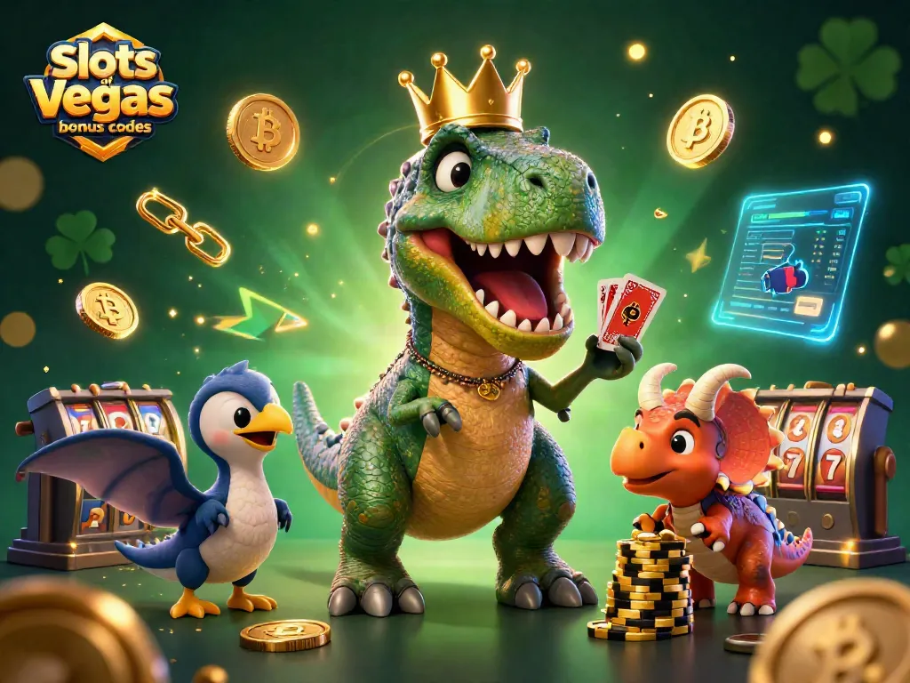 Engage with slots of vegas bonus codes while T-Rex juggles cards and a triceratops stacks chips in a dynamic crypto casino scene.