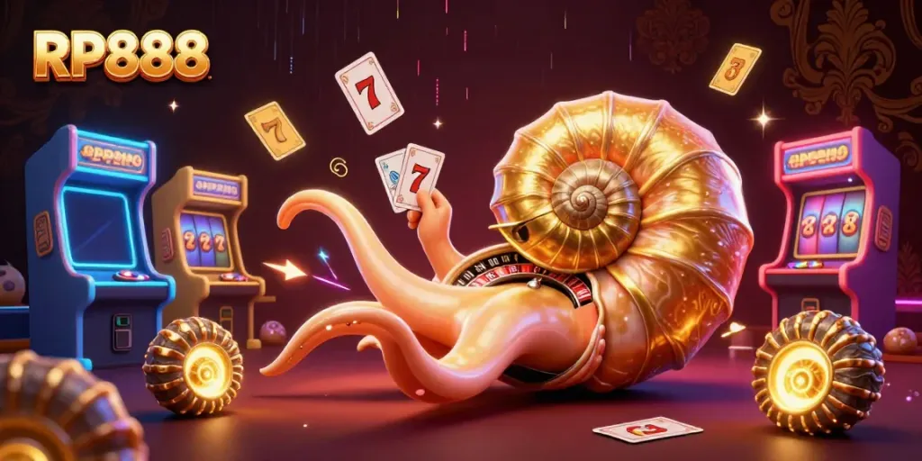 Experience the excitement of RP888 casino games with a 3D cartoon illustration featuring a giant nautilus and vibrant gaming elements.