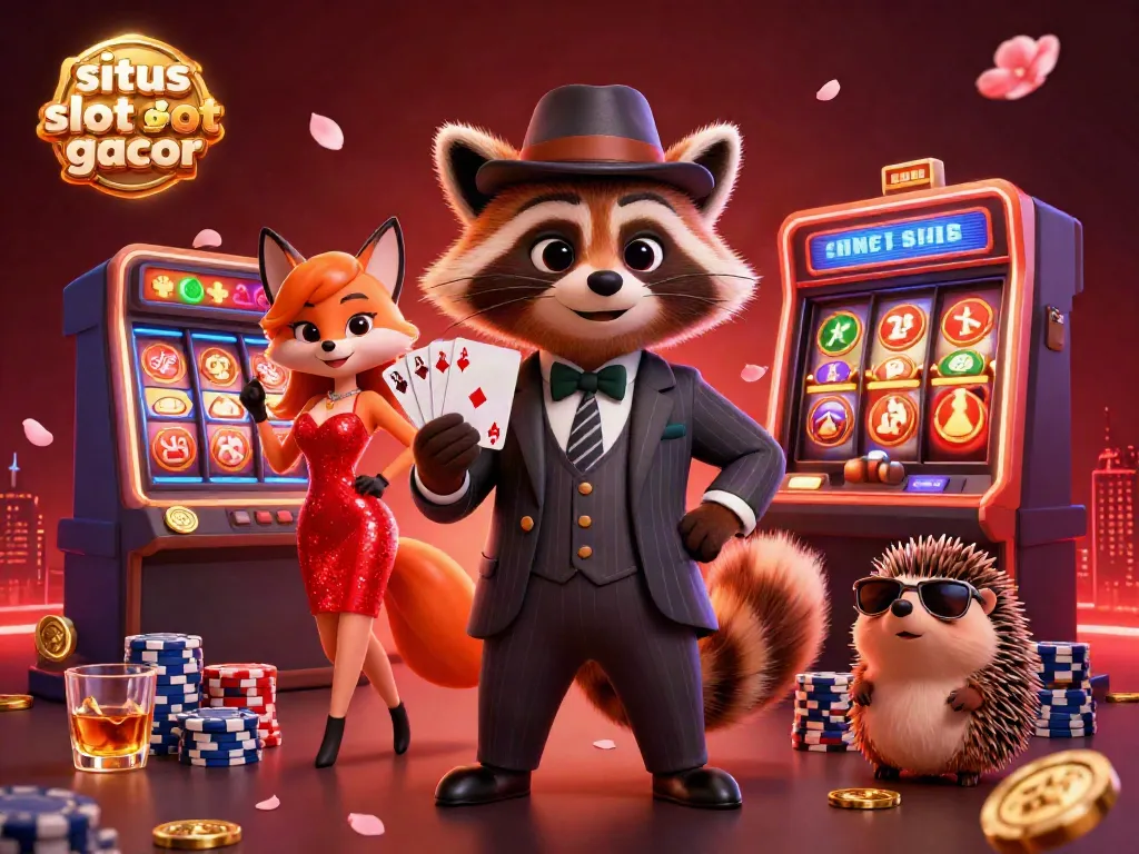 Situs slot gacor showcases a suave raccoon and his companions in an extravagant casino filled with slots, cards, and vibrant decorations.