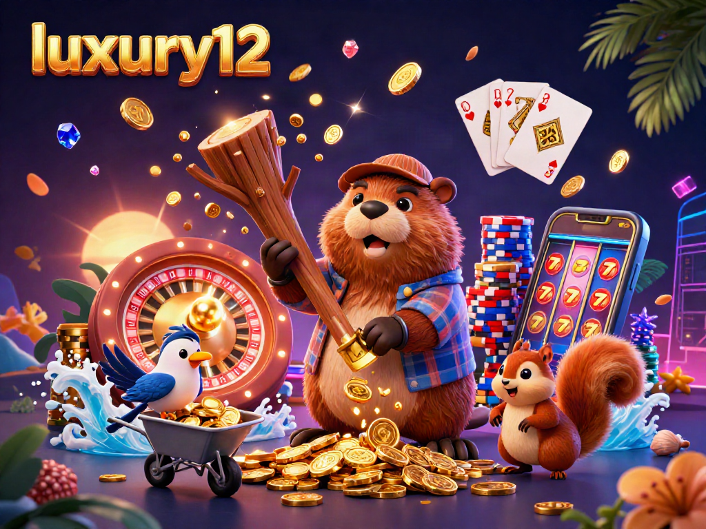 Visualisasi kasino animasi luxury12 dengan karakter lucu mengumpulkan koin emas dan harta karun lainnya.