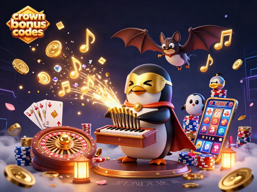 Experience crown coins bonus codes with a thrilling casino scene featuring a penguin musician and a bat acrobat.