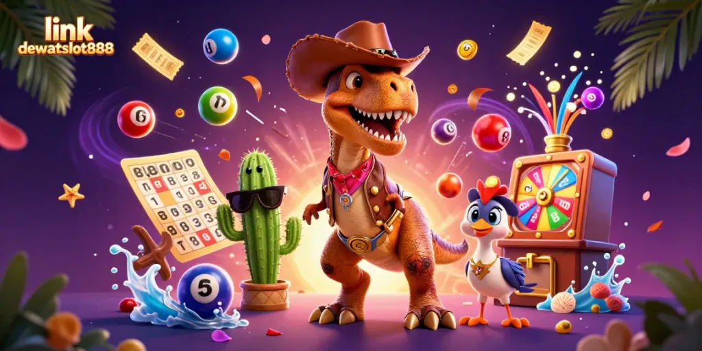 Permainan menyenangkan di link dewataslot888 dengan dino dan rekan bermainnya dikelilingi tiket emas dan bola undian.