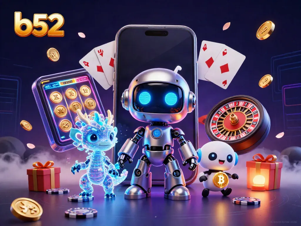 B52 casino showcases vibrant 3D illustration of a cyberpunk robot with game elements like slot reels and poker chips.