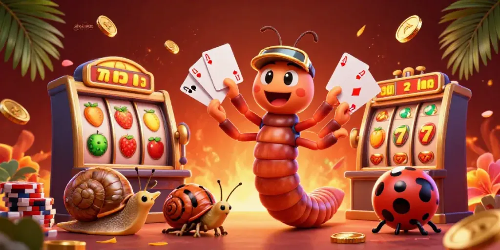 Situs slot illustration with a vibrant casino scene featuring a millipede dealer and slot elements.