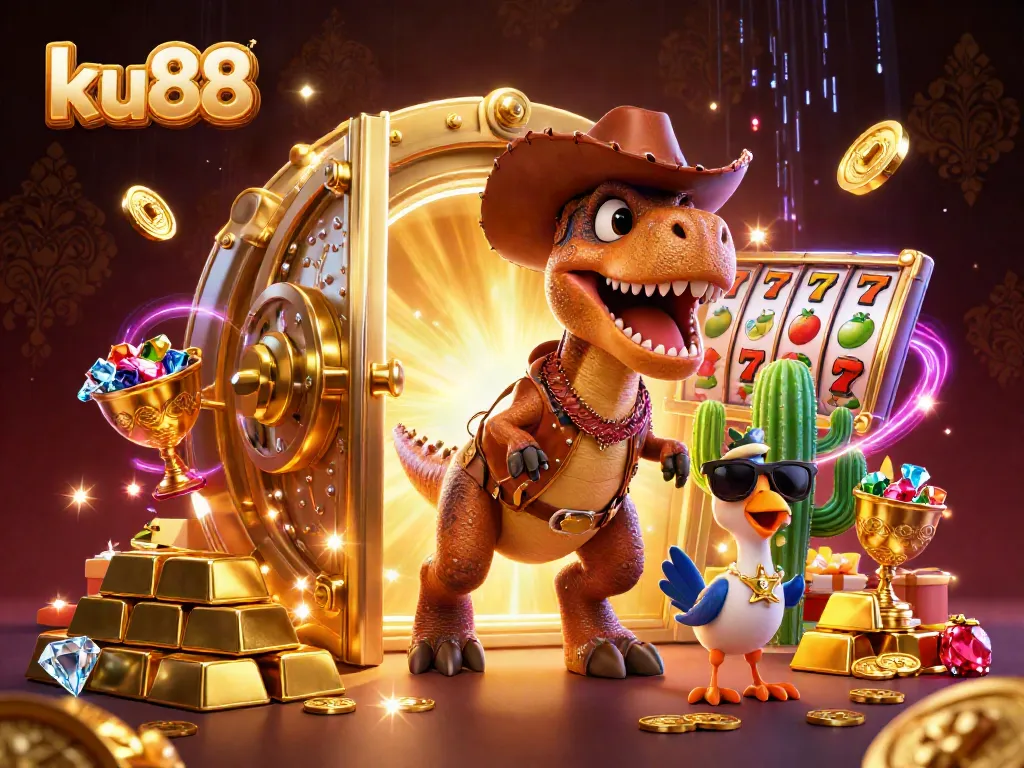 Join the excitement of ku88 Casino with a vibrant T-Rex, cactus sidekick, and roadrunner amid treasure and slot elements.