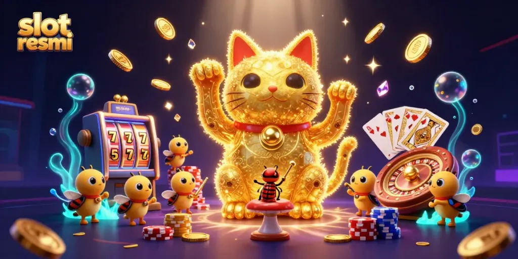 Slot resmi menampilkan keberuntungan dengan kucing hoki raksasa dan simbol kasino berkilauan.