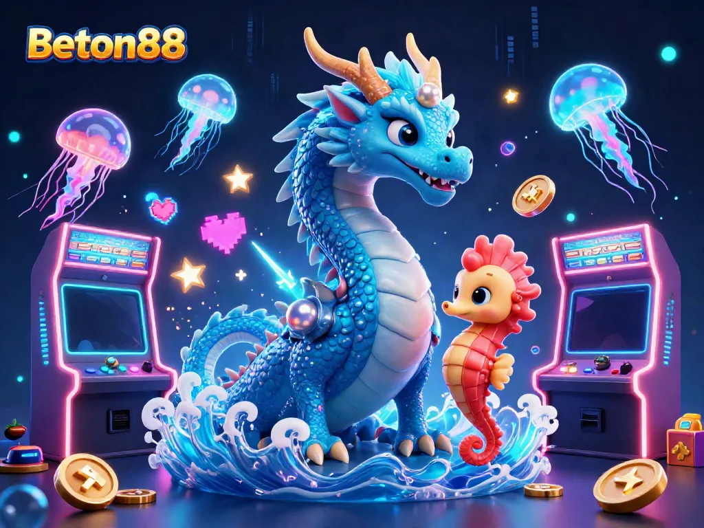 Aksi bermain slot bersama Beton88 sambil dikelilingi oleh naga air 3D, kuda laut, dan medusa cahaya neon