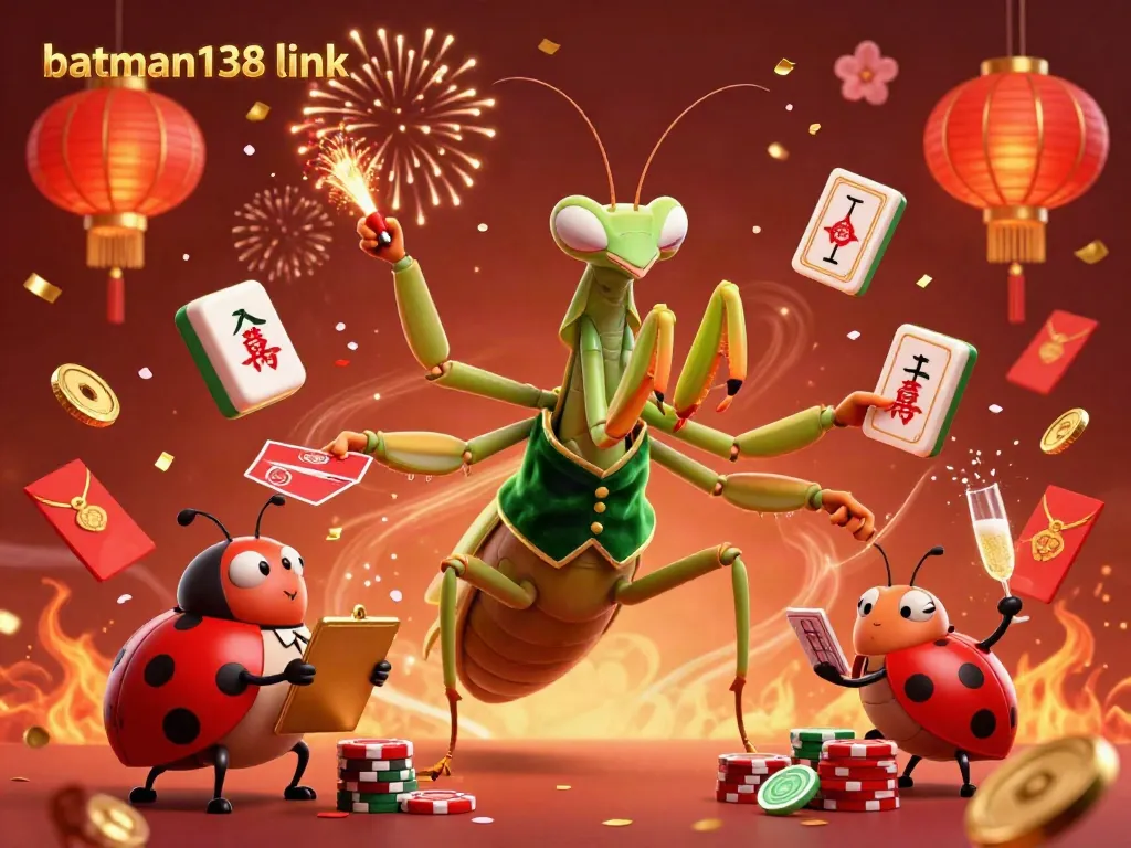 Experience the excitement with the batman138 link where a giant praying mantis card sharp and a ladybug pit boss orchestrate a vibrant gaming atmosphere.