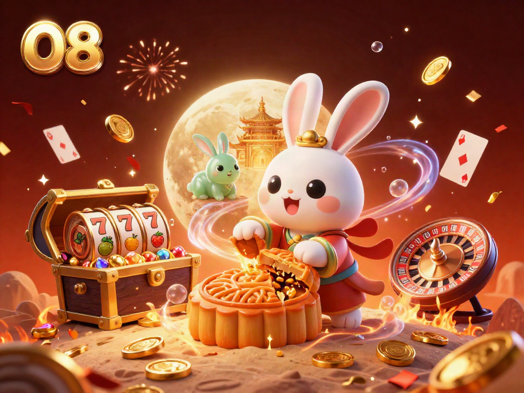 Engage in the vibrant world of O8 with moon rabbits and casino excitement as they play in a 3D illustration.
