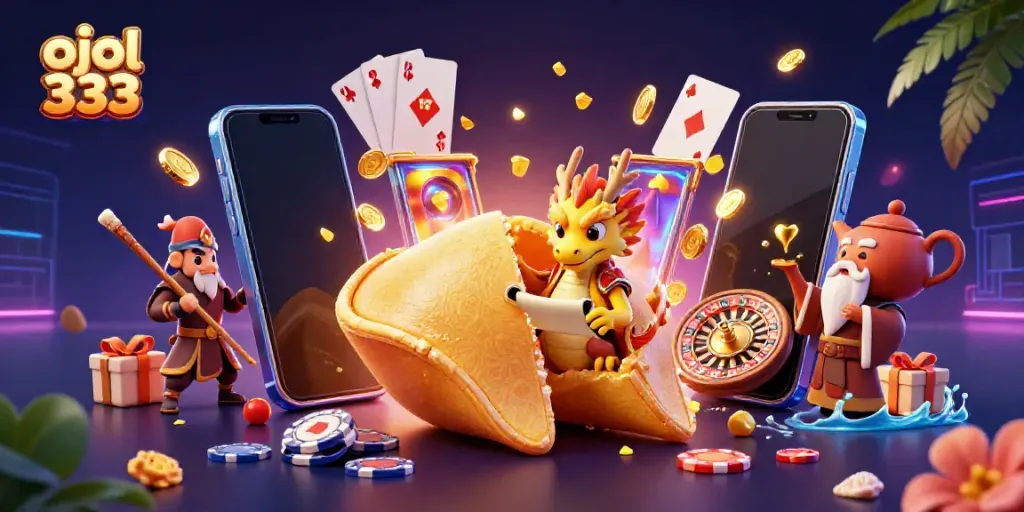 Engage in exciting gameplay at ojol 333 with a vibrant casino-themed 3D illustration showcasing animated characters and gaming elements.