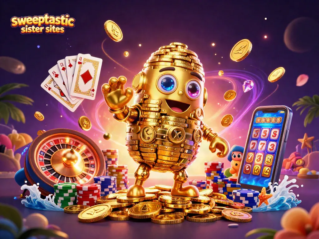 Explore the best sweeptastic sister sites with vibrant casino elements in a dazzling 3D scene.