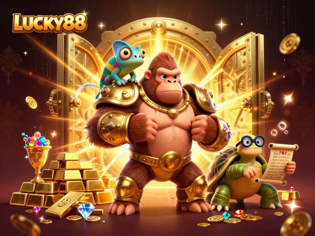Experience LUCKY88 with an energetic illustration featuring a golden gorilla king and treasure.