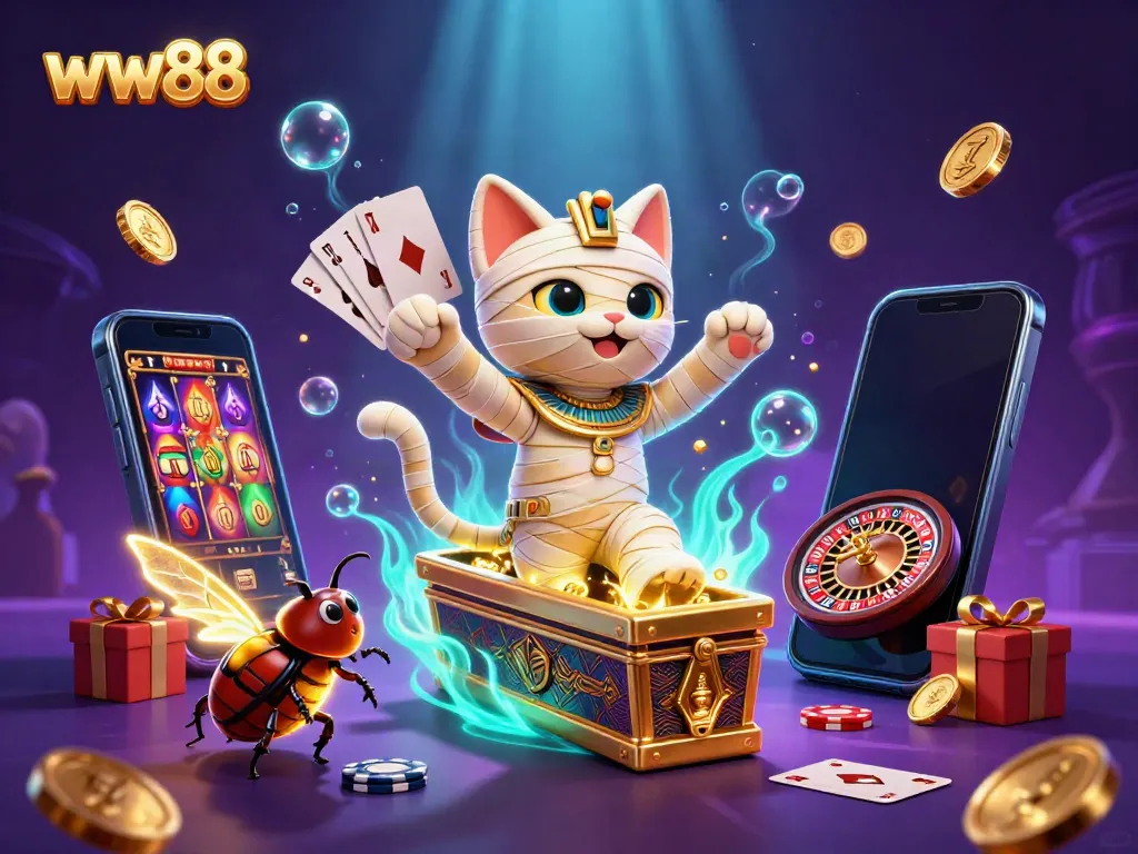 Engage with ww88's distinctive pyramid casino featuring a cartoon mummy cat and glowing scarab, captivating gamblers.