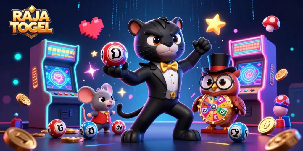 RAJA TOGEL showcases a colorful lottery scene with a playful panther, owl, and lucky mouse.