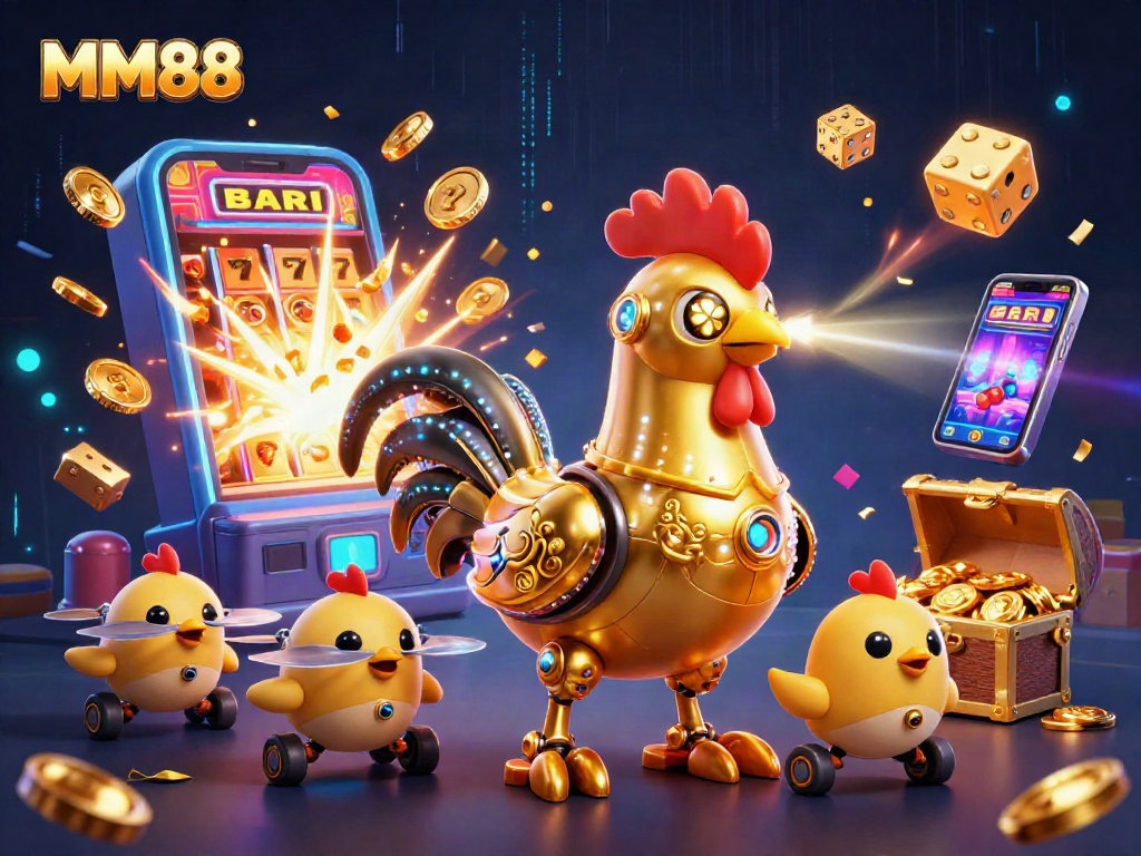 Experience the excitement of MM88 with a vibrant 3D casino scene showcasing jackpot wins and lively characters.