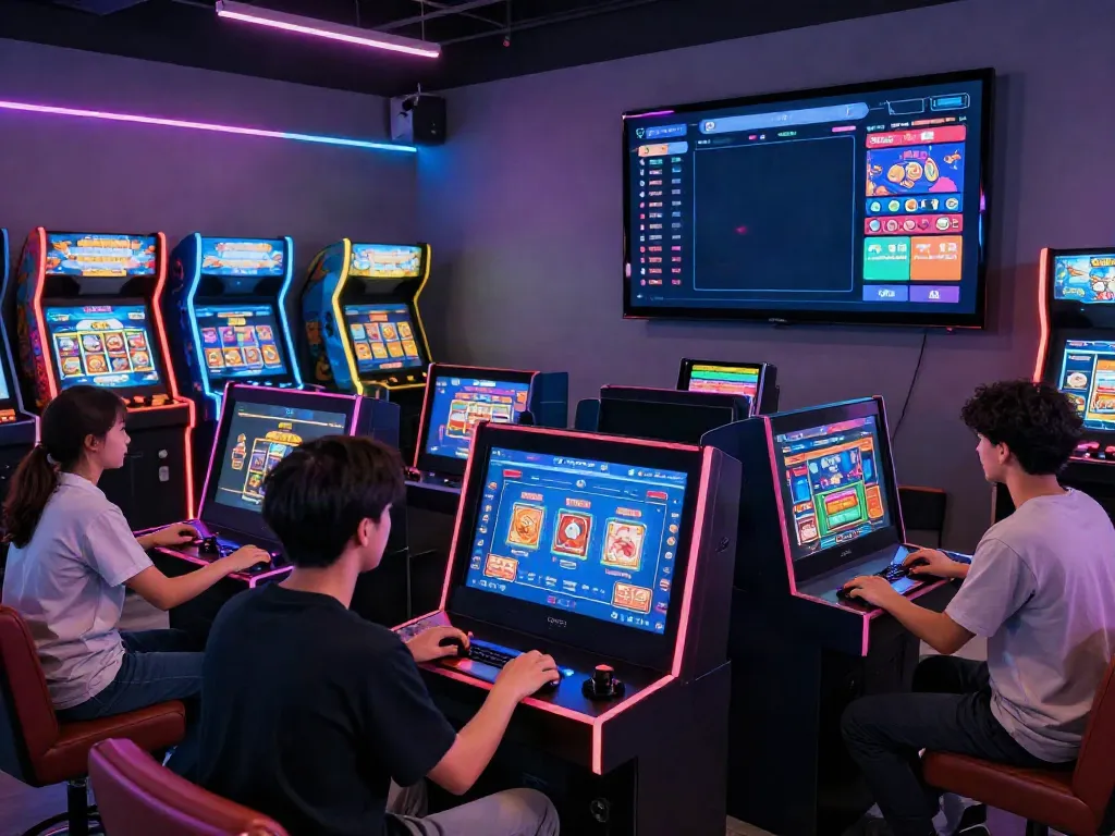 Players enjoying various games on the Yono Arcade app in a vibrant gaming lounge setting.