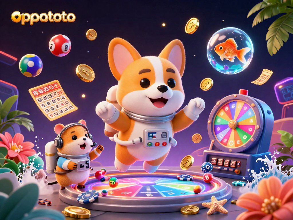 Interact with oppatoto's vibrant lottery scene, featuring a corgi, hamster, and goldfish in a casino.
