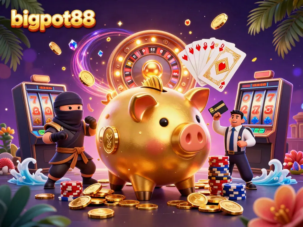 Experience the thrill of bigpot88 with vibrant gaming action featuring a sumo wrestler and dynamic casino elements.