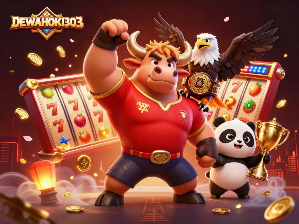 DEWAHOKI303 merayakan keberuntungan dengan jackpot dan simbol slot berkilau dalam suasana kasino yang meriah.