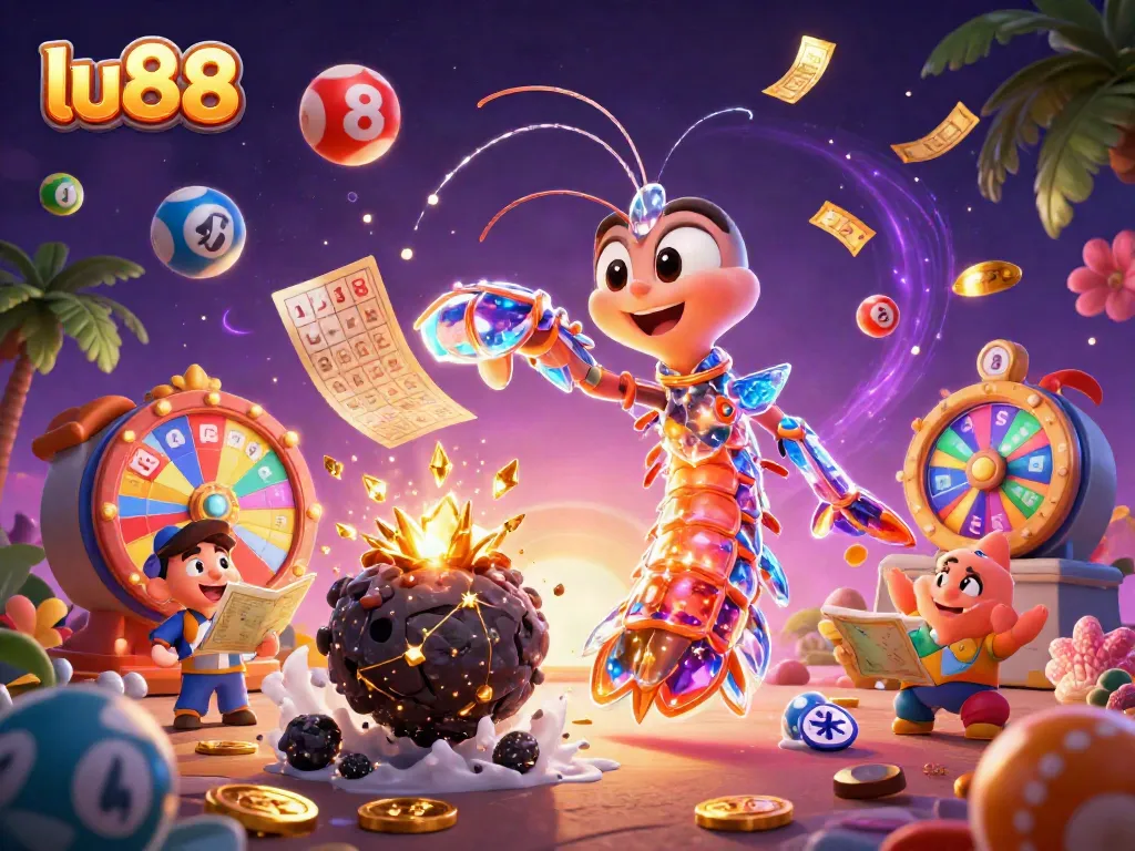 Experience thrilling wins at lu88 with a galactic samurai mantis shrimp amidst dazzling gems and lottery excitement.