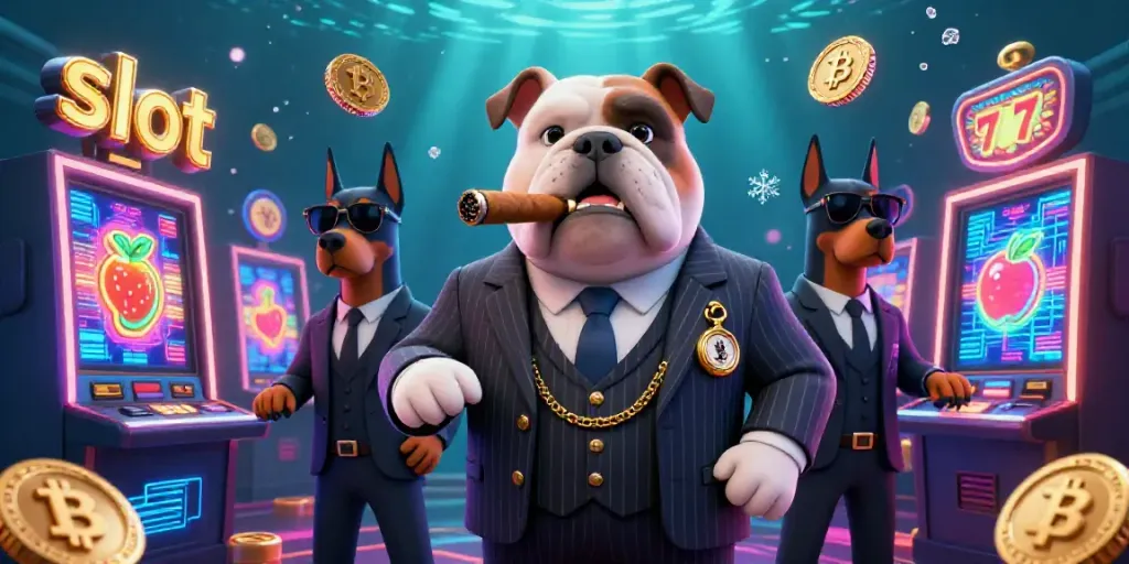 Mesin slot warna-warni dan karakter mafia bulldog dalam suasana kasino yang meriah.