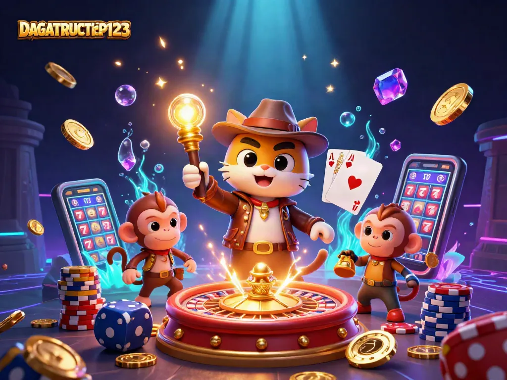 DAGATRUCTIEP123 showcases a thrilling casino discovery scene with an archaeologist cat and monkey amidst treasures.