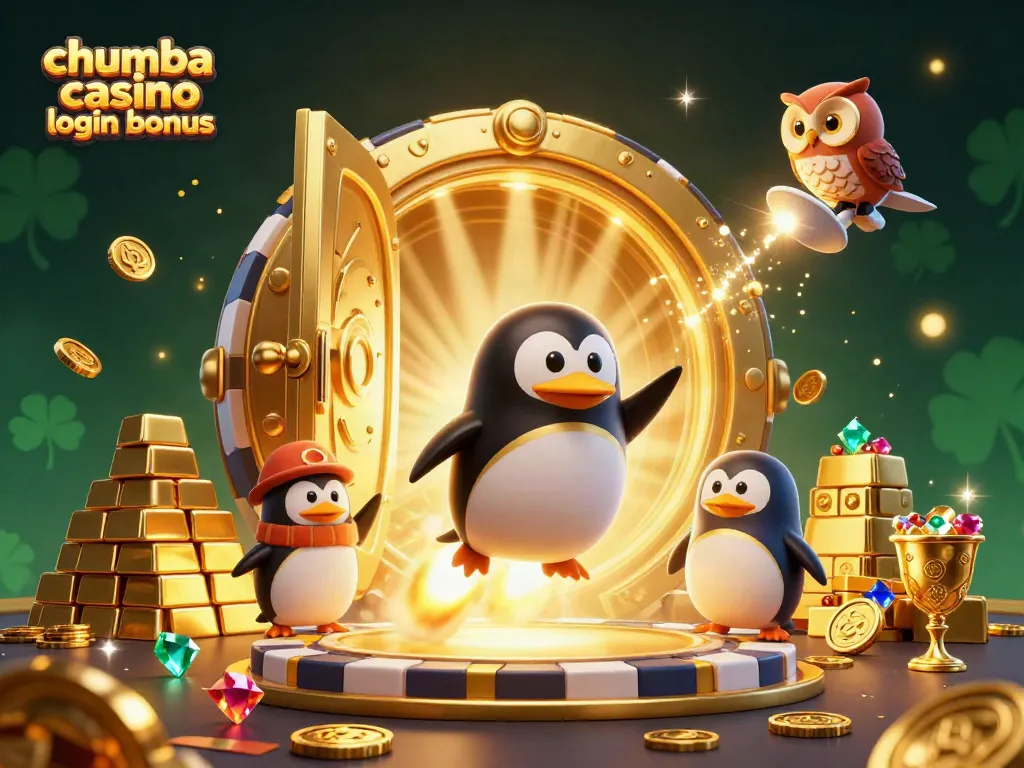 Claim your chumba casino login bonus with a playful golden penguin soaring toward rewards.