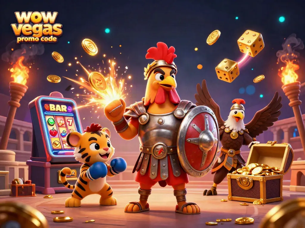 Play for big wins with WOW Vegas promo code in a dynamic casino scene of jackpots and excitement.