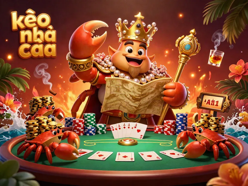 Engage with kèo nhà cái as a golden crab emperor presides over a vibrant poker scene, showcasing luxury gaming elements.