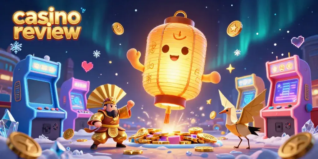 Experience vibrant casino review visuals with enchanting characters and game elements in a night market.
