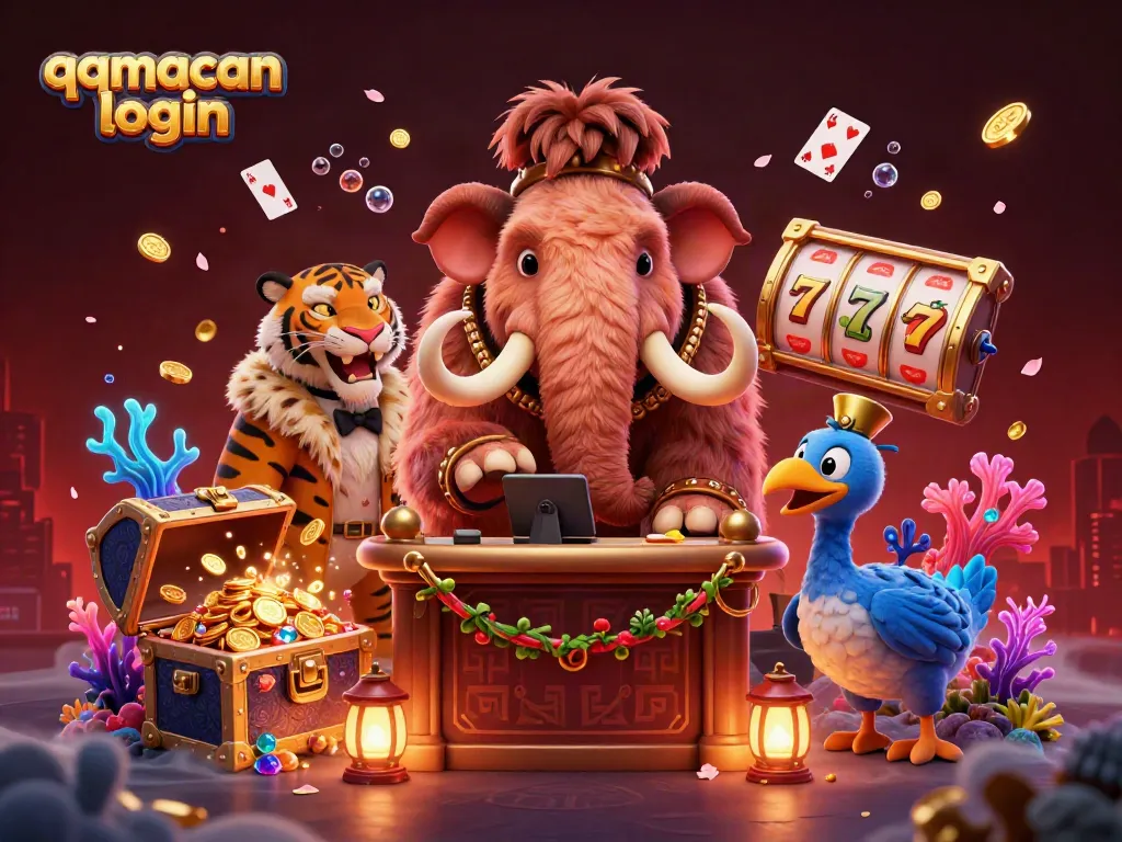 Engage with the exciting qqmacan login scene featuring a woolly mammoth bouncer and vibrant casino elements.