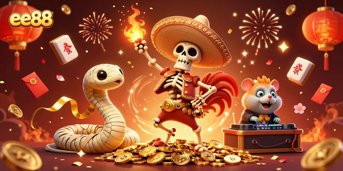 Celebrate with ee88's vibrant casino scene featuring cartoon characters in a festive atmosphere.