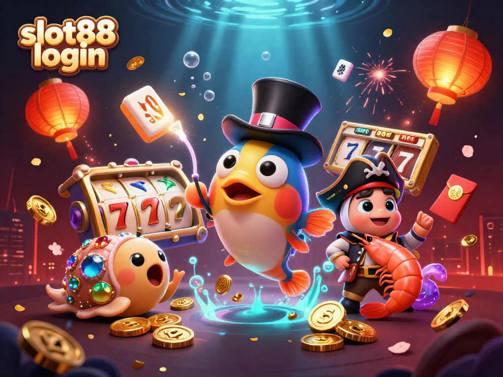 Experience the excitement of slot88 login with glowing treasures and 3D casino characters in action.
