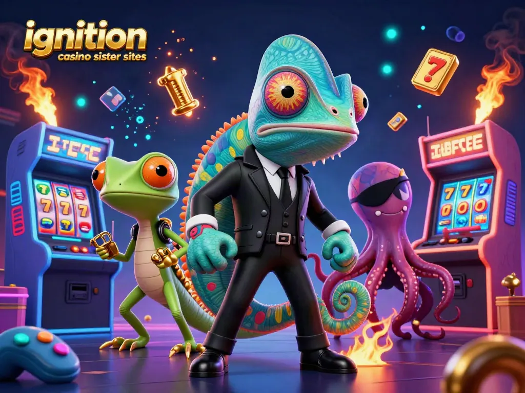 Experience the thrill at ignition casino sister sites with vibrant casino elements and animated characters.