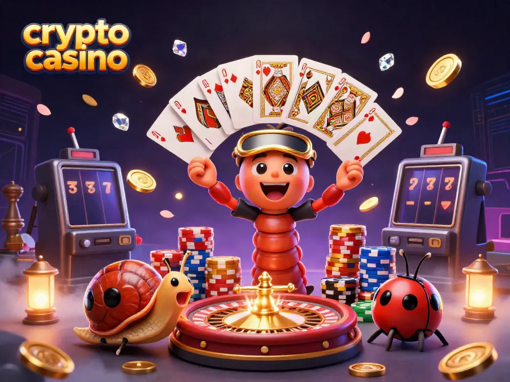 Experience the thrill of a crypto casino with vibrant gaming elements and dynamic characters.