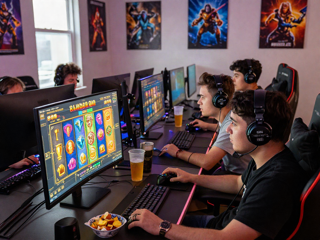 Group of gamers enjoying a vibrant bandar slot game in an engaging online gaming setup.