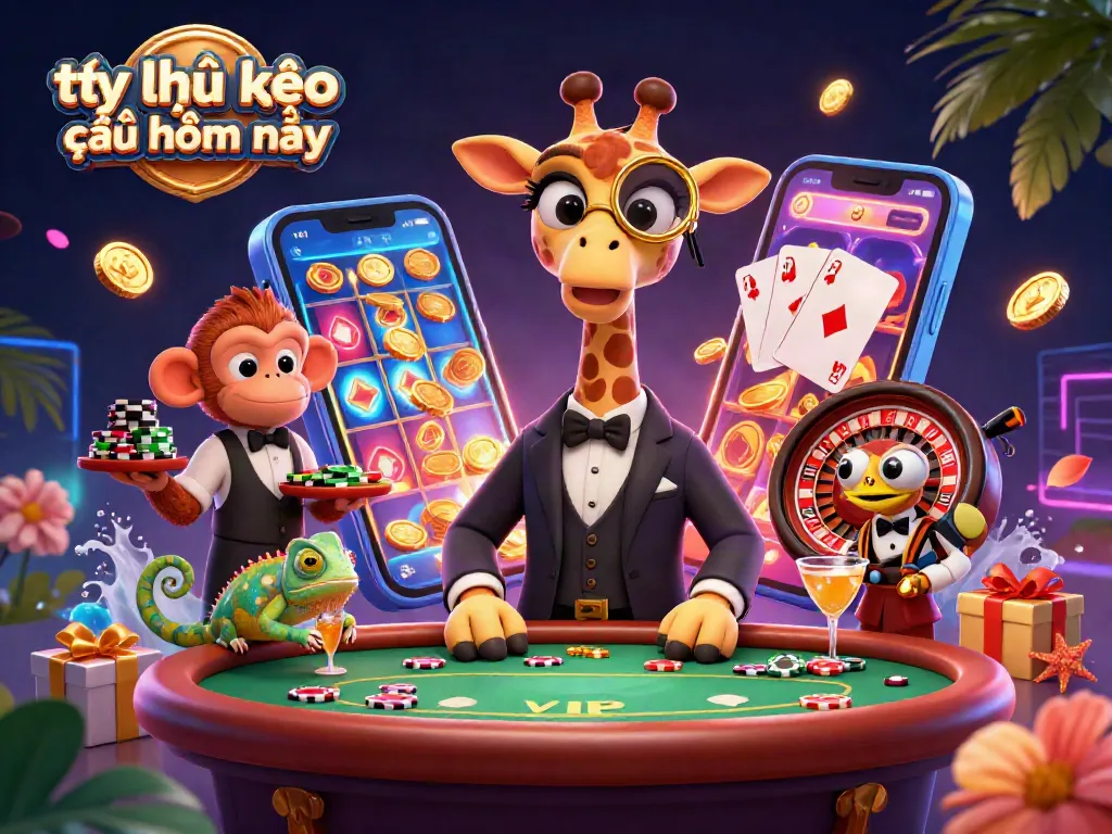 Tỷ lệ kèo nhà cái hôm nay showcased with high-roller giraffe, colorful slot game, and action-packed casino elements.