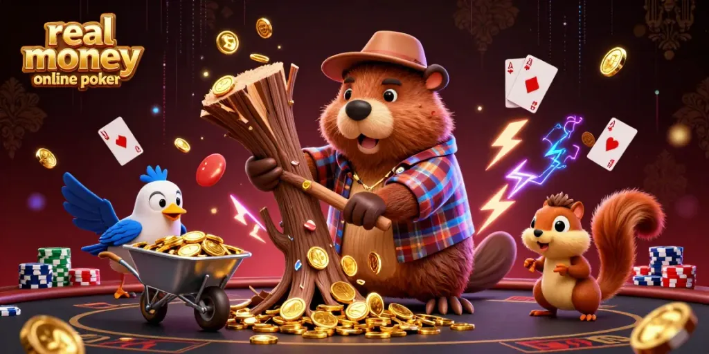 Experience real money online poker excitement with vibrant characters in a rich casino setting.