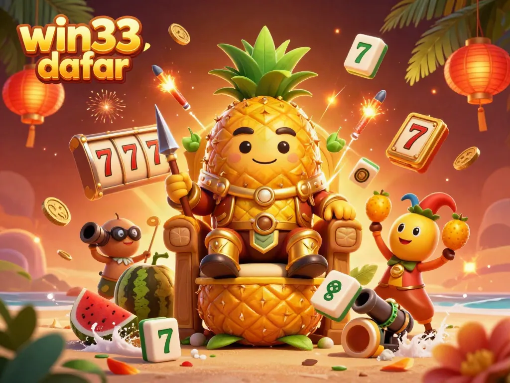Play on win33 daftar with a vibrant casino scene featuring a golden pineapple king, game elements, and rich decorations.